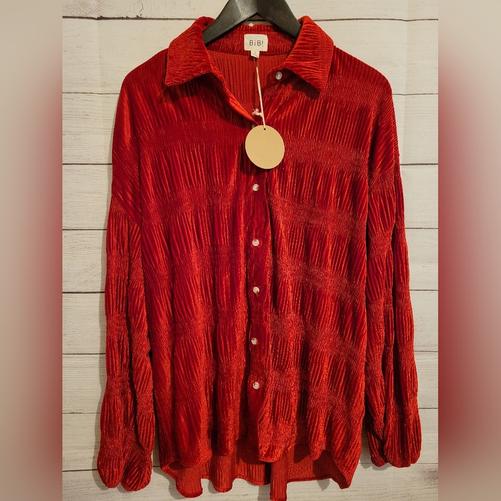 BiBi Top Women Small Oversized Tiered Velvet Red Blouse Balloon Sleeve NWT
